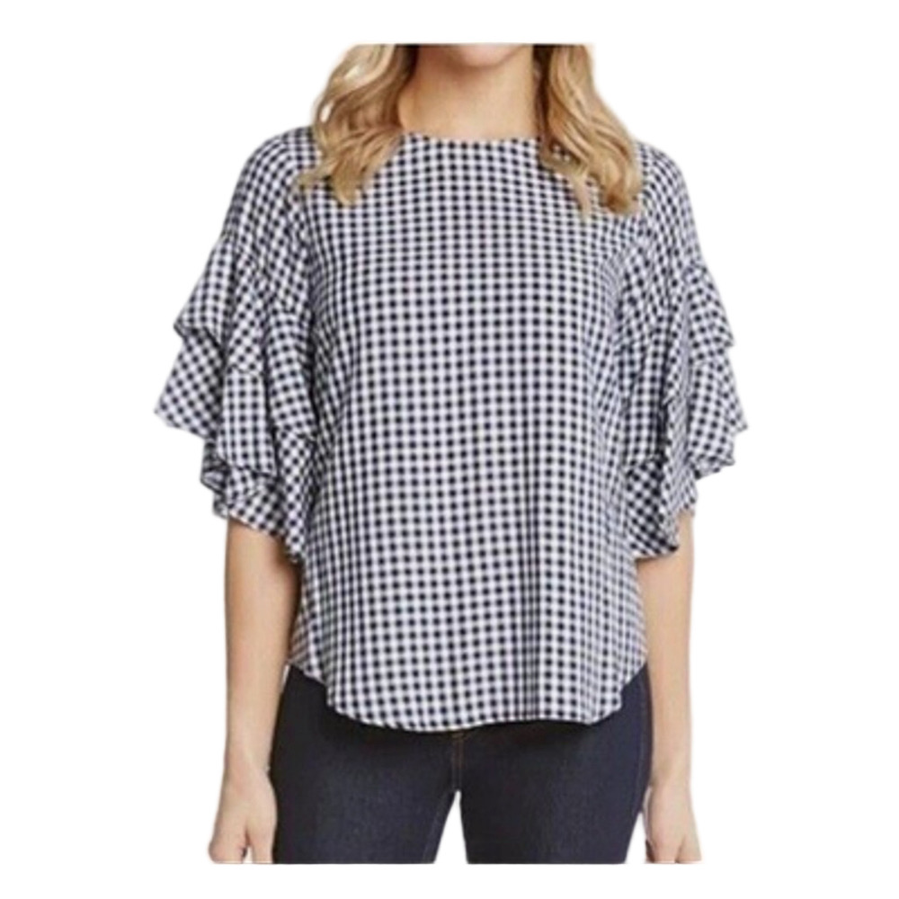 Karen Kane Ruffle Sleeve Navy Blue and White Gingham Top Sz M